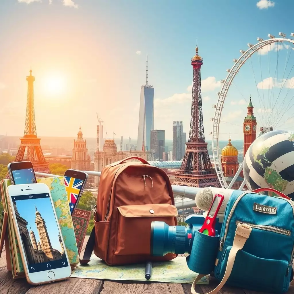 A vibrant digital collage illustrating budget travel, featuring iconic symbols like backpacks, maps, and smartphones against a backdrop of famous landmarks and affordable destinations.