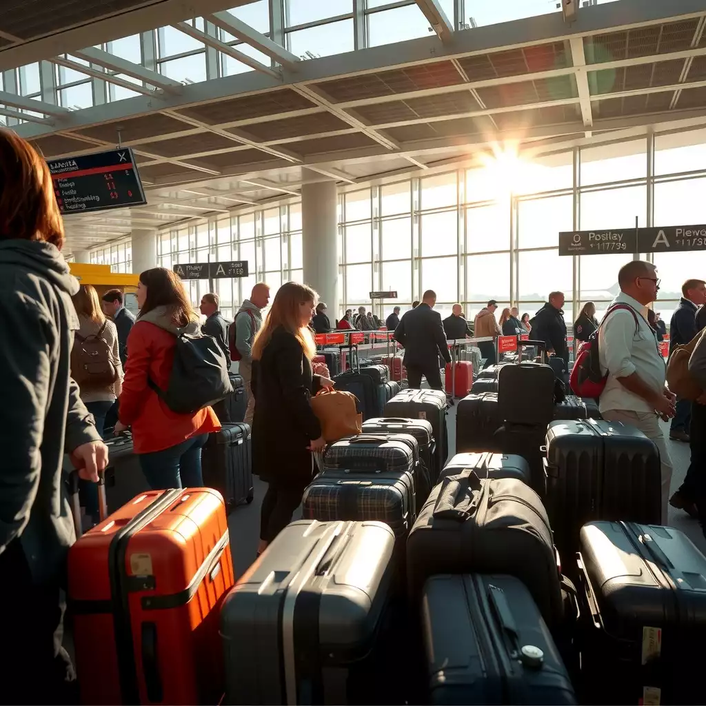 A bustling air courier terminal filled with travelers checking in luggage, staff assisting passengers, and clear signage about baggage policies, all captured in vibrant detail.