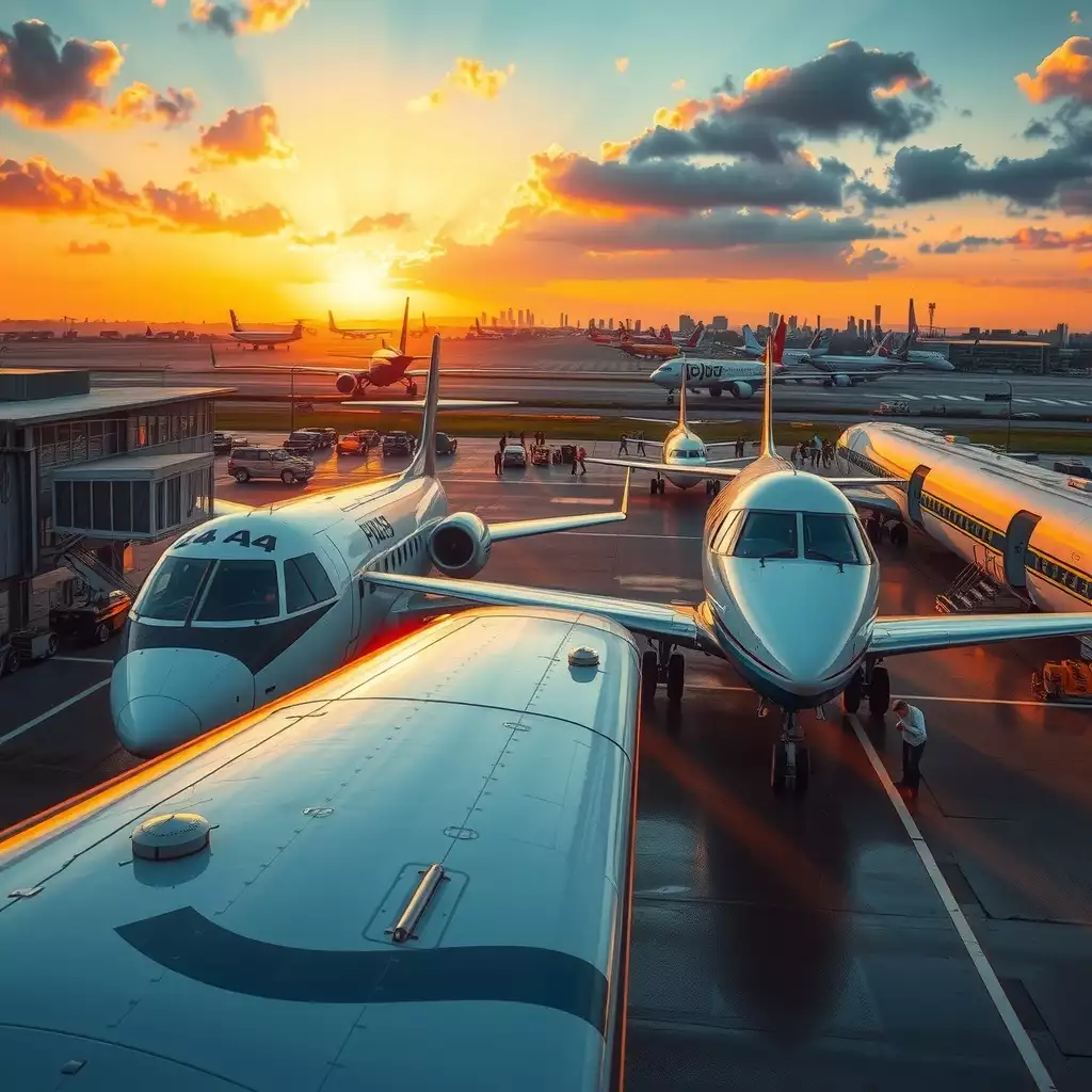 A vibrant airport scene showcasing vintage aircraft alongside modern jets, illuminated by a warm sunset, representing the evolution of air courier travel.