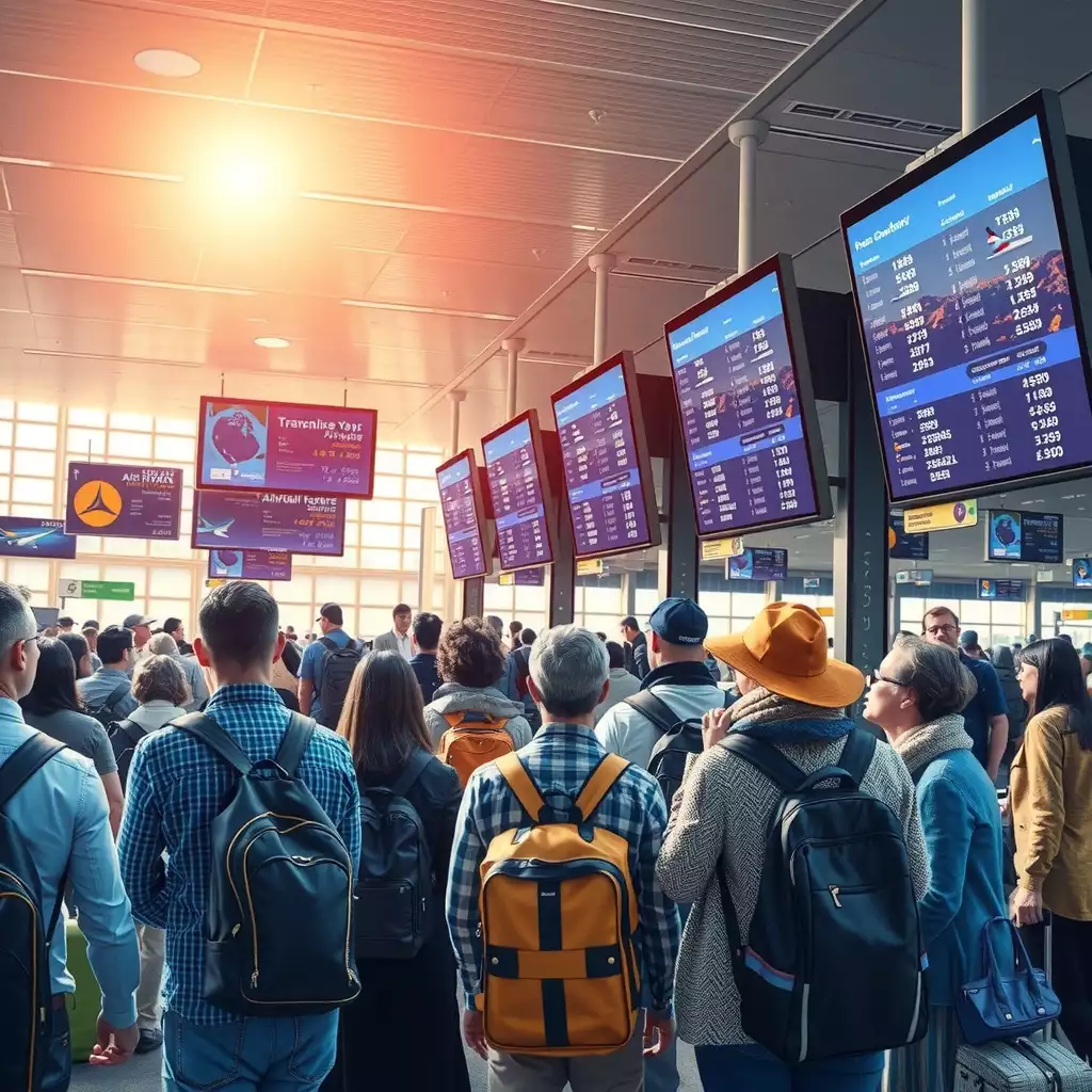 A bustling airport terminal filled with diverse travelers, vibrant digital displays showcasing airfare deals, and a dynamic atmosphere of excitement and adventure.