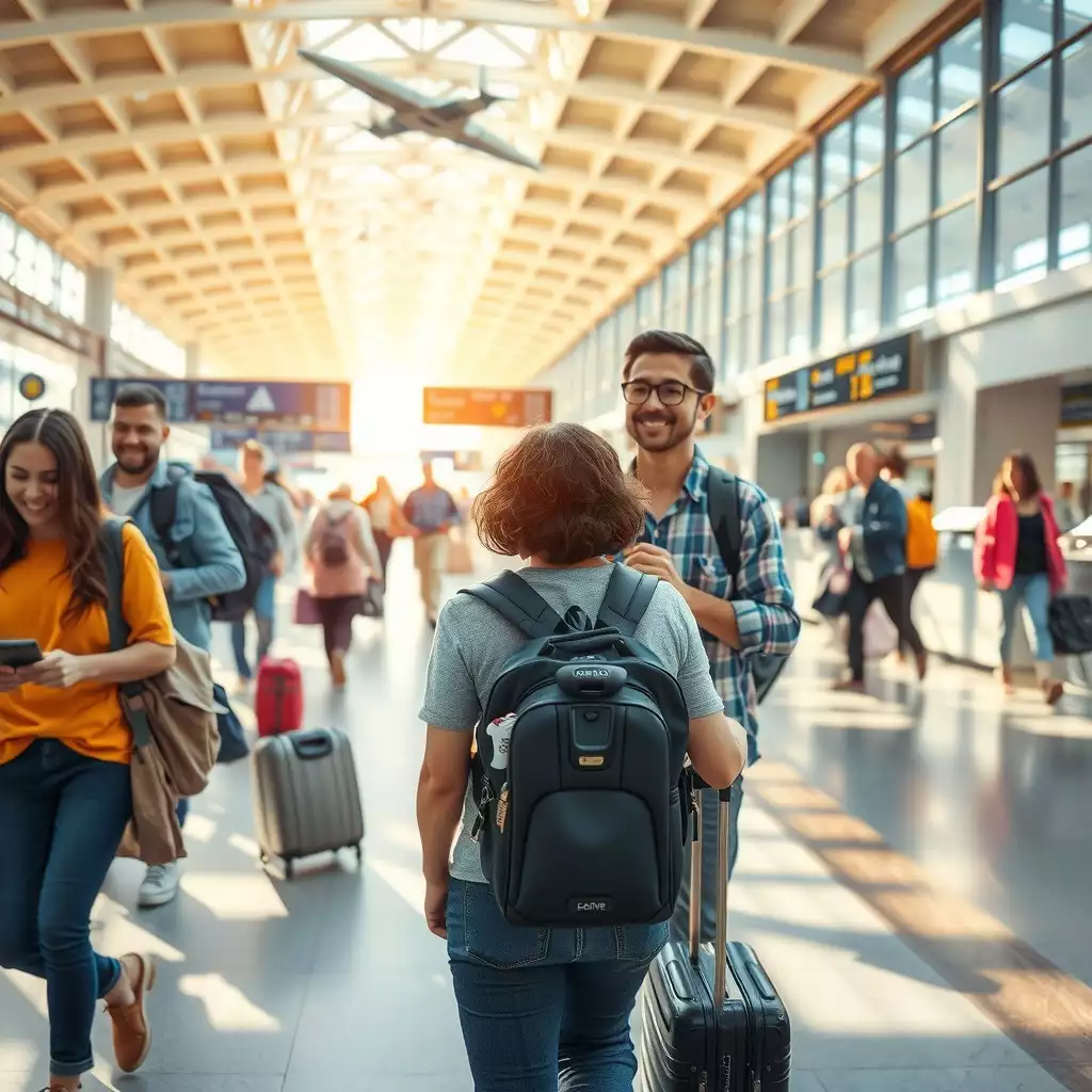A vibrant airport scene filled with travelers engaging at check-in counters, joyful reunions at the gate, and a dynamic atmosphere reflecting the excitement of air travel.