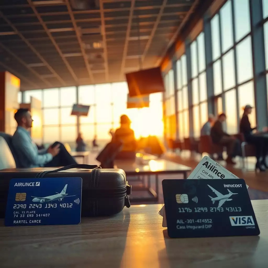 A stylish airport lounge featuring travelers enjoying luxury and comfort, with elegantly designed airline credit cards, luggage, and travel guides prominently displayed.