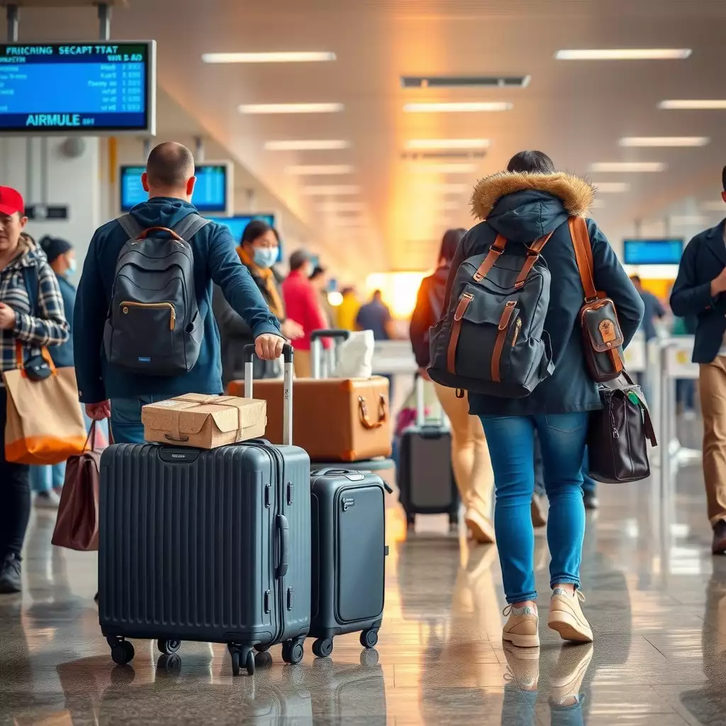 A vibrant airport terminal bustling with travelers, featuring a confident individual carrying a stylish suitcase filled with packages, embodying the spirit of adventure and earning while traveling.