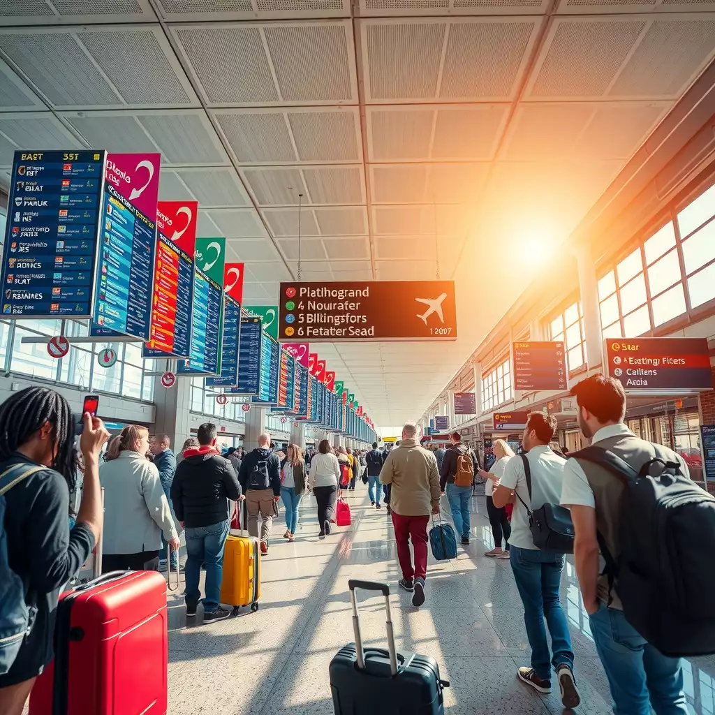 A bustling airport terminal filled with eager travelers checking their devices for flight deals, colorful destination boards displaying various locations, and vibrant luggage tags from around the world, all capturing the excitement of finding budget-friendly travel opportunities.