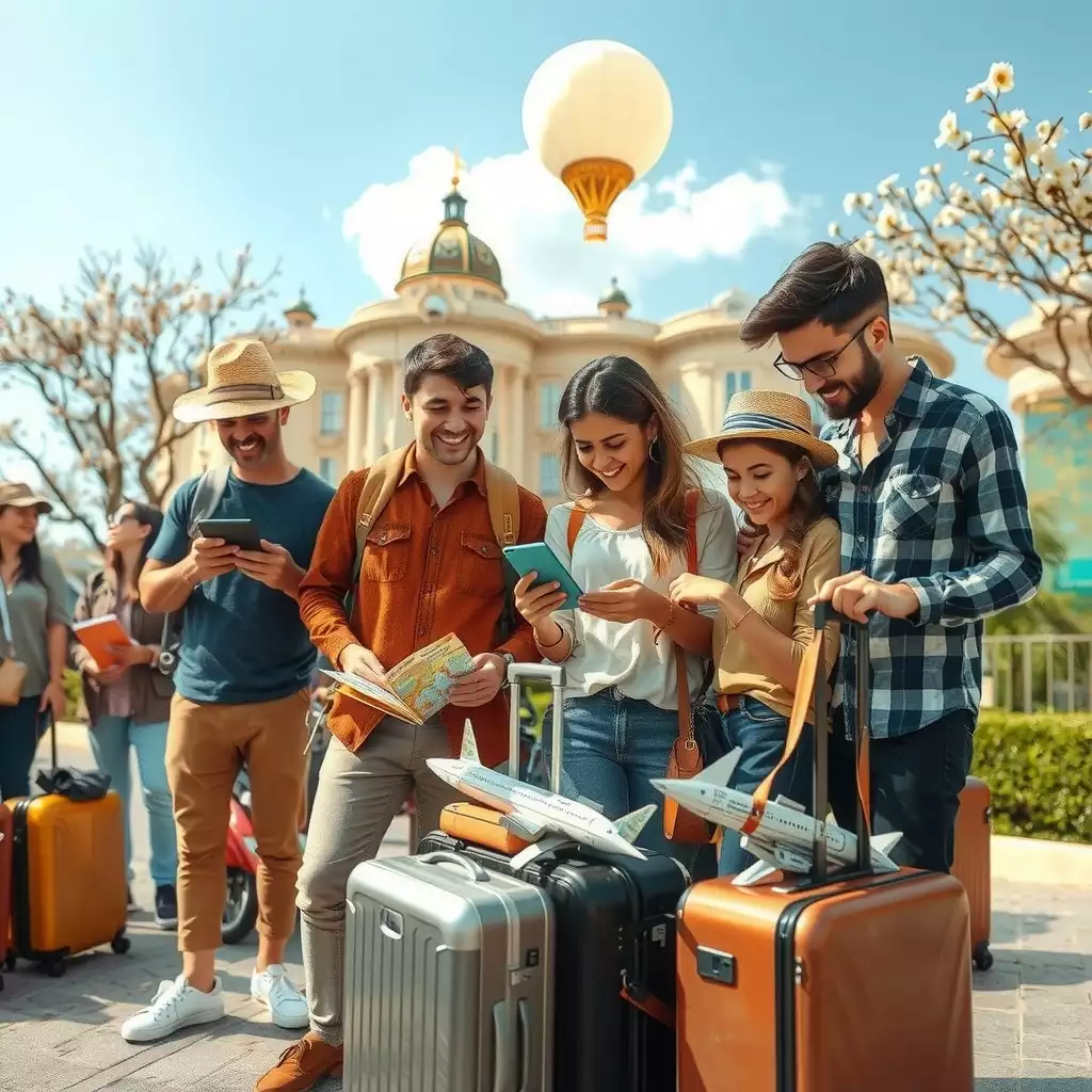 A diverse group of travelers enthusiastically planning their next adventure, surrounded by maps, suitcases, and devices showing flight deals, capturing the excitement of exploration and travel savings.