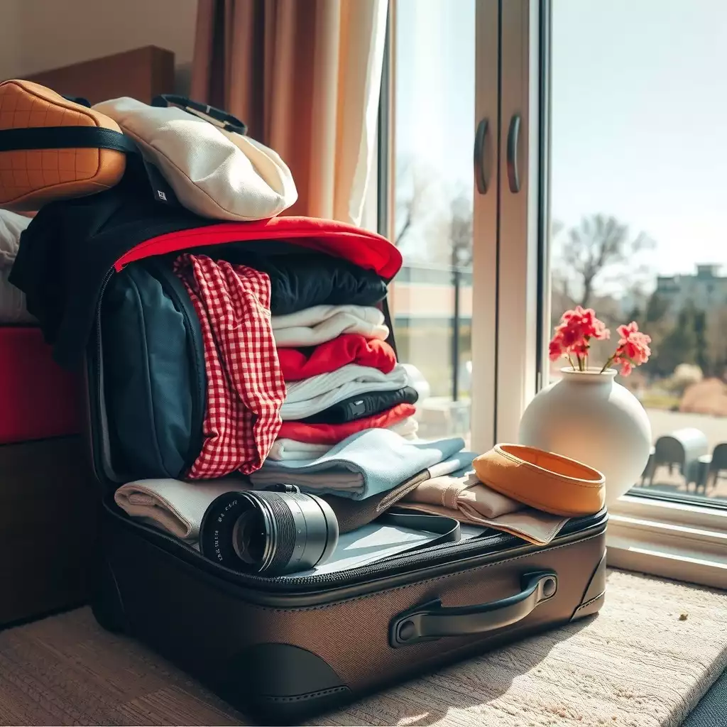 A neatly packed suitcase organized with packing cubes, rolled clothing, and space-saving accessories, showcasing efficient travel preparation.