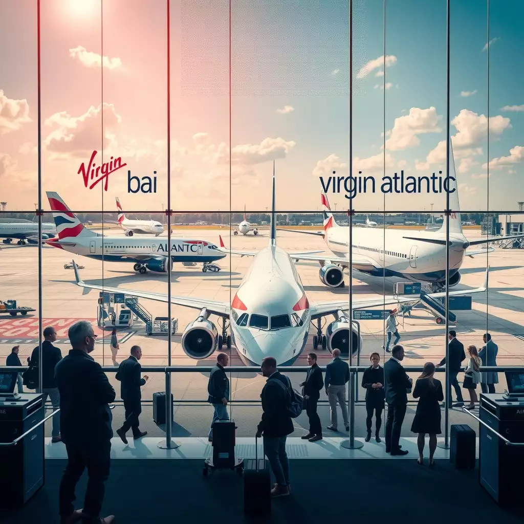 A vibrant airport scene showcasing British Airways and Virgin Atlantic aircraft on the tarmac, with passengers checking in, enjoying lounges, and boarding flights, capturing the excitement of air travel.