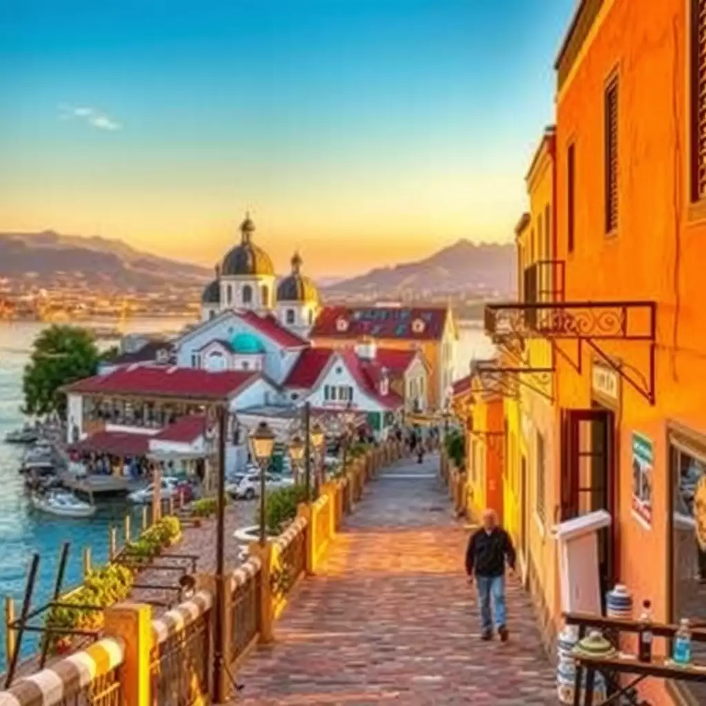 A serene early morning scene showcasing a picturesque off-peak travel destination, featuring charming local architecture, lush landscapes, and hints of authentic cultural experiences bathed in soft golden light.