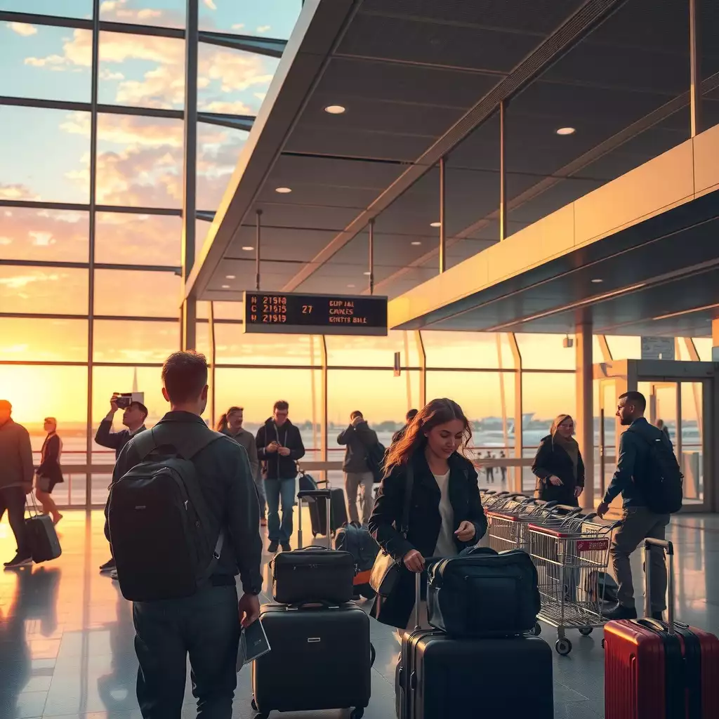 A vibrant airport scene during golden hour, showcasing excited travelers checking in, colorful sunset skies, and lively interactions amidst departure boards and luggage carts.