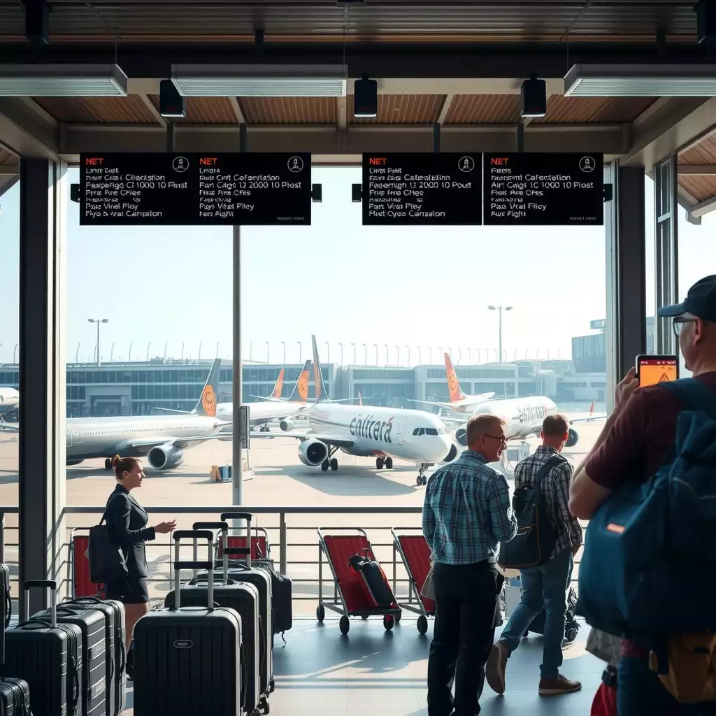 A busy airport scene featuring travelers at the air courier desk, planes on the tarmac, and vibrant digital flight boards, capturing the excitement and efficiency of air travel.