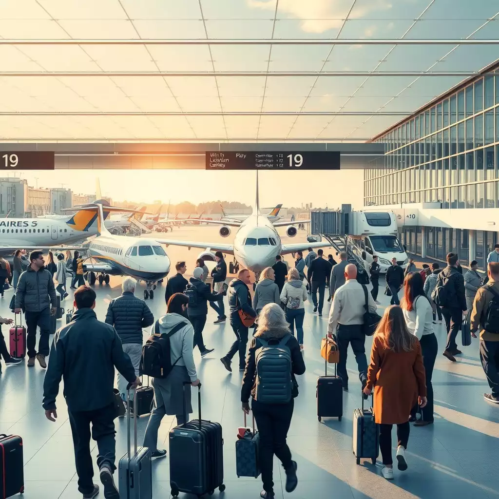 A vibrant airport scene in the UK, featuring busy travelers checking in, dynamic aircraft on the tarmac, and iconic architectural elements of the terminal, capturing the excitement of air travel.