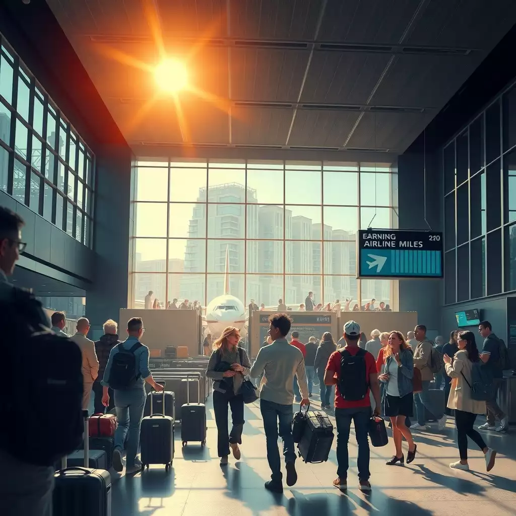 A vibrant airport terminal bustling with travelers engaging in various activities to earn airline miles, featuring scenes of credit card use, loyalty program participation, and travel adventures, all infused with a sense of wanderlust.