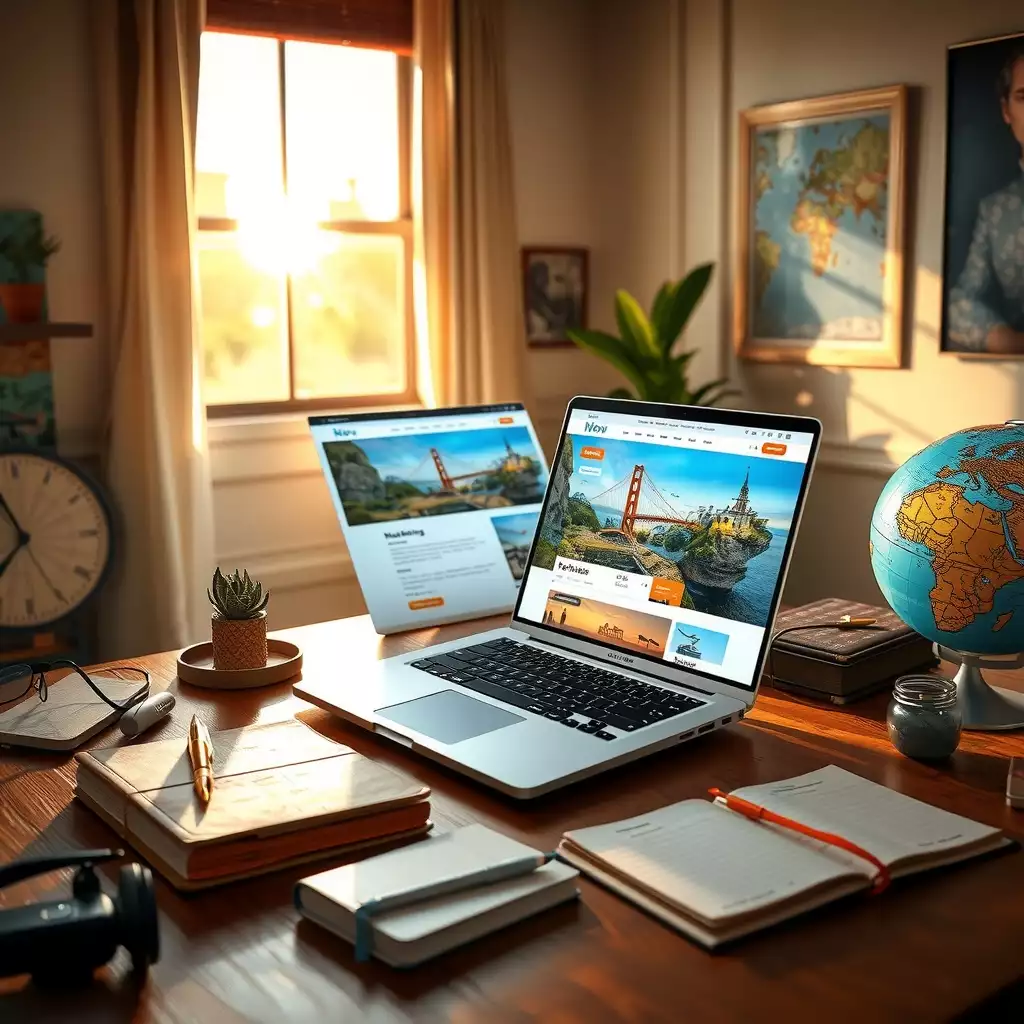 A cozy home office featuring a sleek laptop with flight comparison websites open, surrounded by travel essentials like a globe, maps, and a travel journal, all in a vibrant color palette.