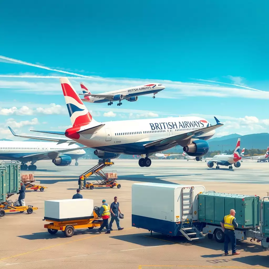 A busy airport scene featuring British Airways aircraft, cargo operations in action, and workers efficiently loading packages, all set against a bright blue sky.