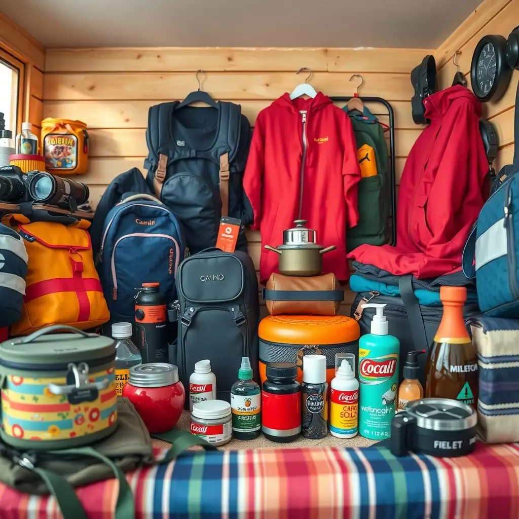 A colorful arrangement of essential budget travel gear, including compact backpacks, versatile clothing, portable cooking tools, and travel-sized toiletries, set in a cozy travel space.