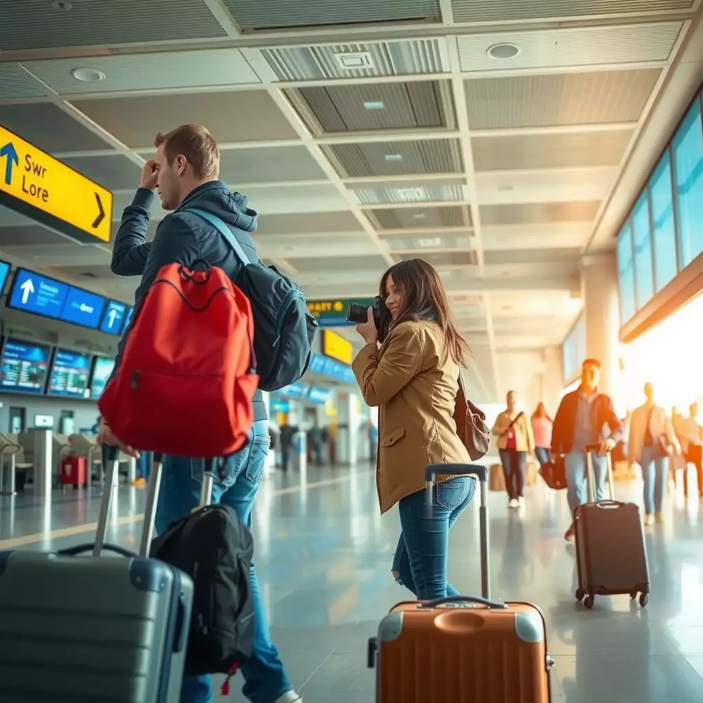Air courier preparing for a journey with a companion at a busy airport terminal, surrounded by travelers and vibrant travel elements.