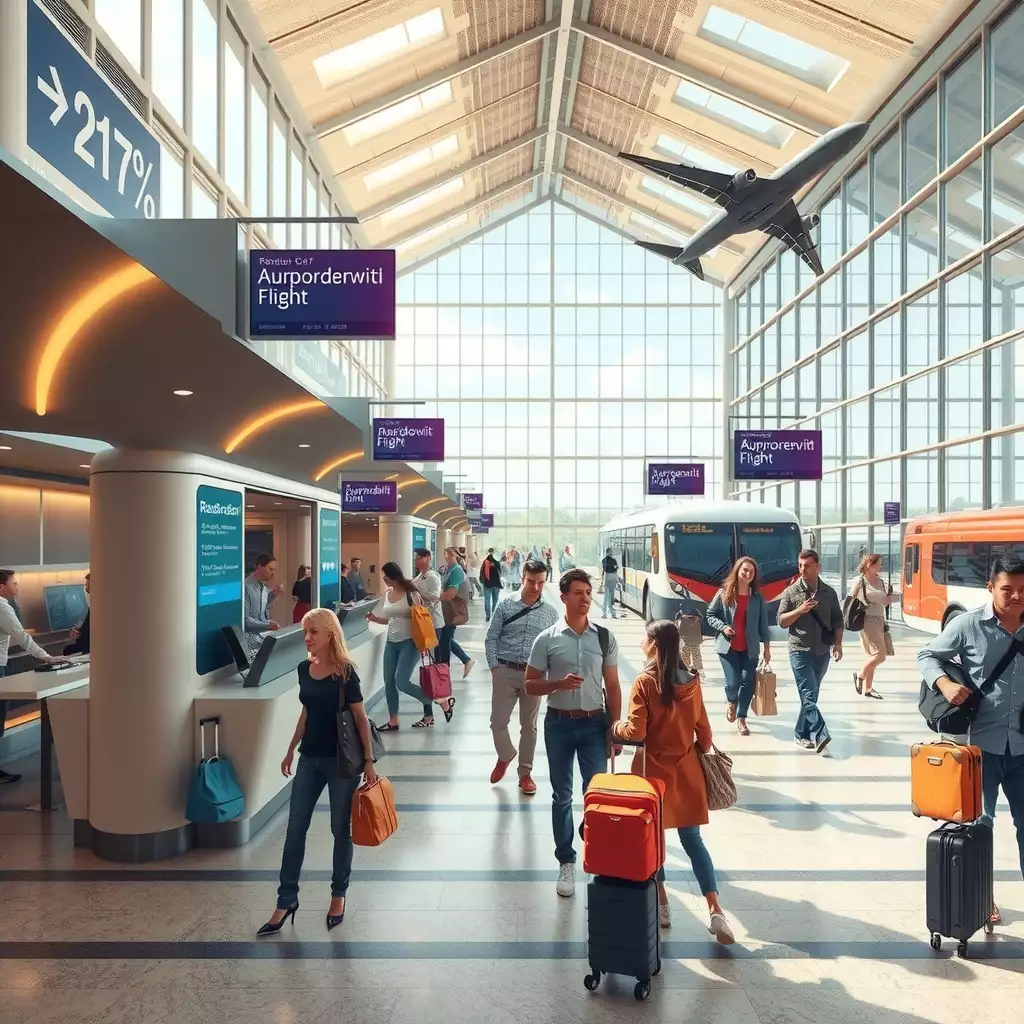 A bustling airport terminal scene showcasing travelers exploring alternative transportation options, including rental cars, buses, and trains, all highlighted by modern designs and vibrant colors.