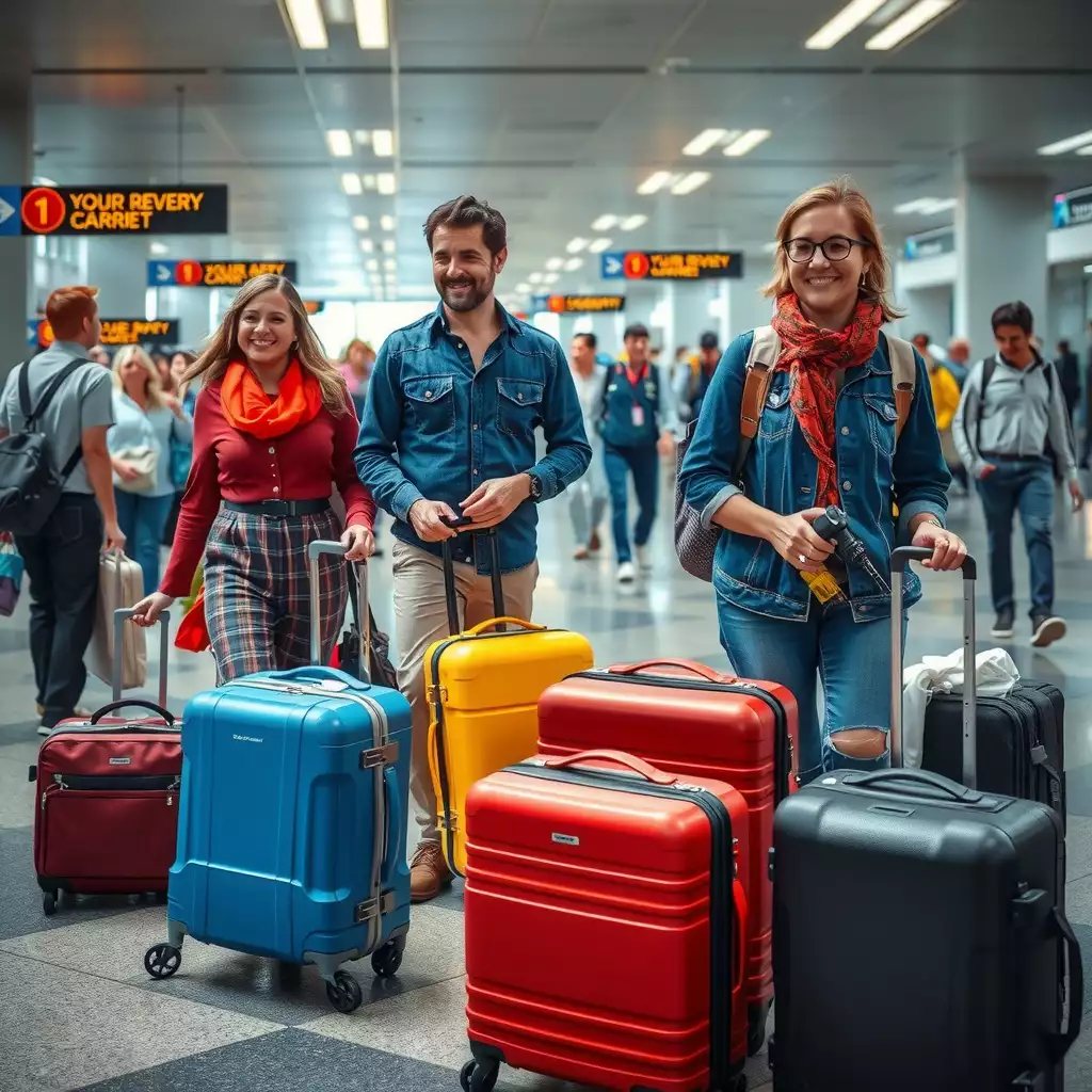 A vibrant airport scene showcasing travelers with colorful carry-on bags and others waiting at the baggage claim, highlighting the contrasting experiences of carry-on versus checked bag travel.