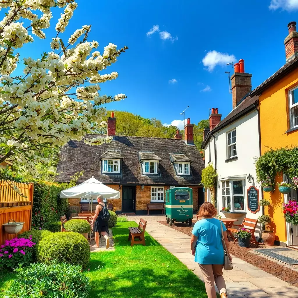 Vibrant scene showcasing charming budget-friendly travel destinations in the UK, featuring quaint villages, picturesque landscapes, and local culture that evoke a sense of wanderlust.