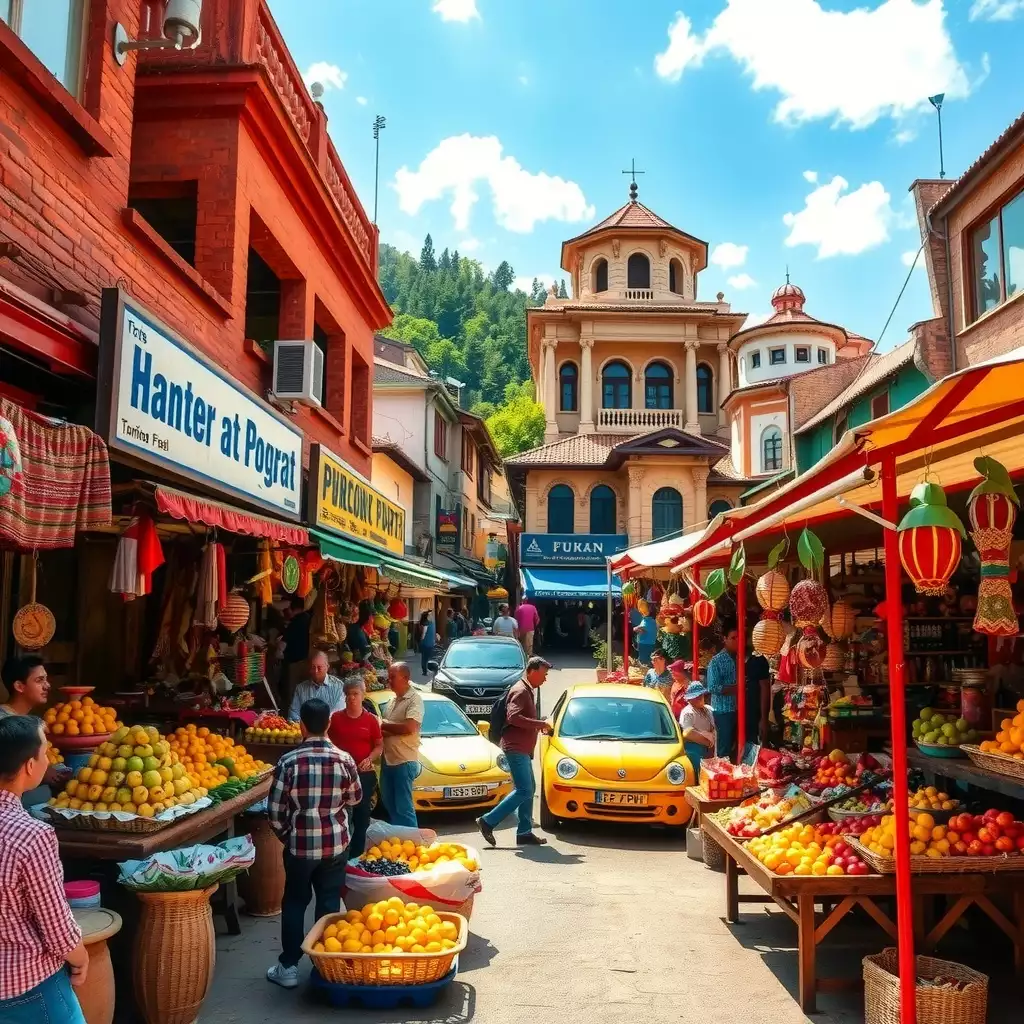A vibrant local market filled with colorful fruits, handmade crafts, and friendly locals, showcasing the charm of budget-friendly travel destinations.