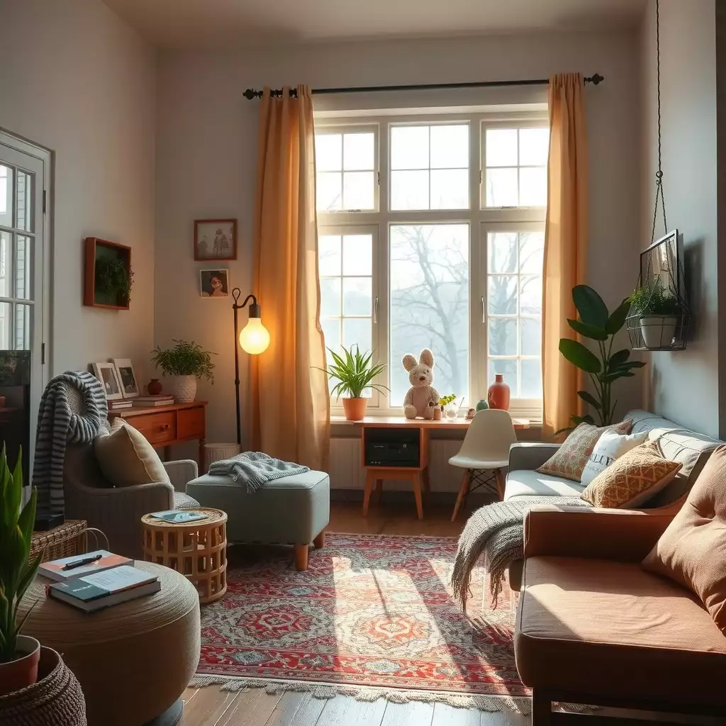 Cozy living space filled with personal touches, showcasing books, travel memorabilia, and plants, evoking warmth and a sense of community for travelers.