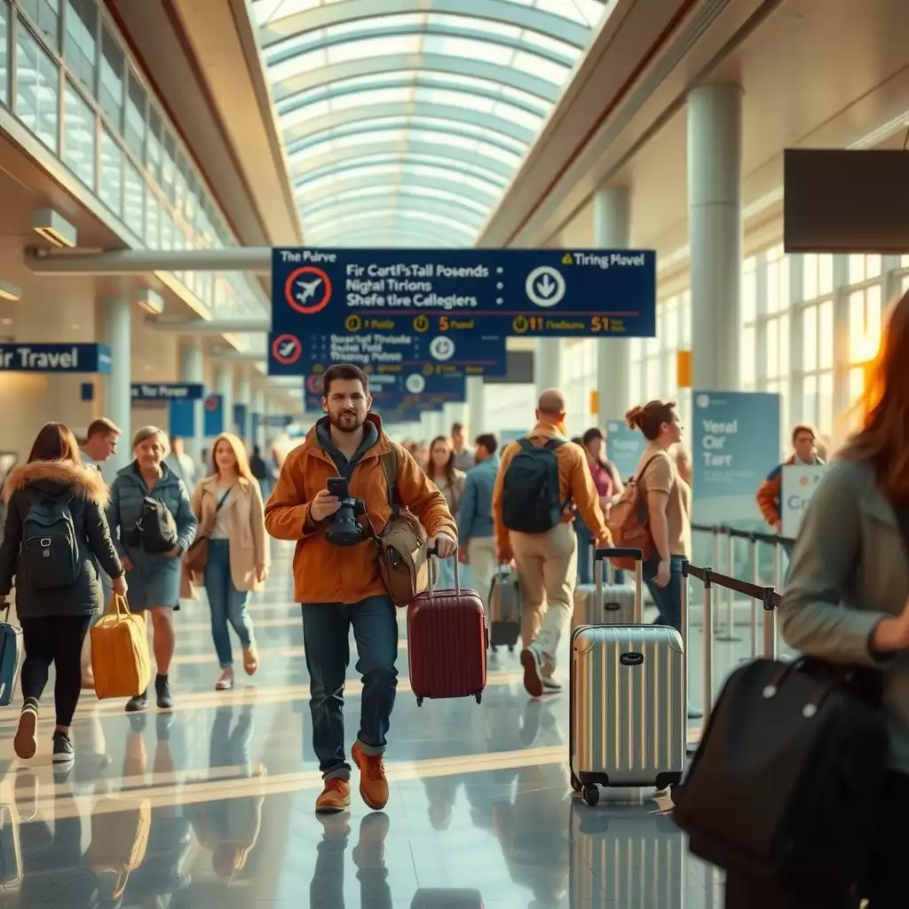 A vibrant airport scene filled with travelers and air couriers navigating busy terminals, showcasing the dynamic energy of air travel.