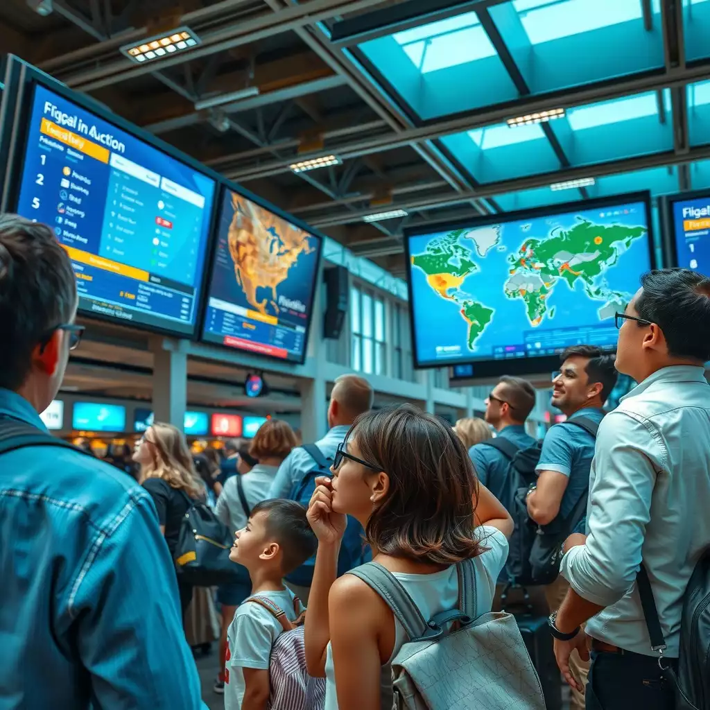 A lively urban scene featuring a diverse crowd engaged in a flight auction, with digital displays showcasing travel offers and maps, capturing the excitement and anticipation of bidding for dream destinations.
