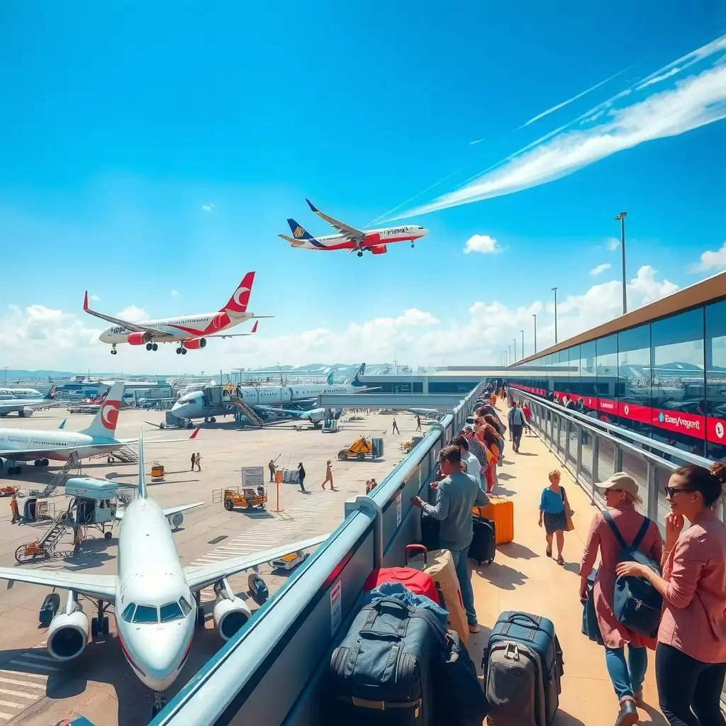 Aerial view of a busy airport terminal with planes taking off and landing, showcasing travelers checking in and vibrant airline logos, symbolizing adventure and the excitement of flying for free with frequent flyer miles.