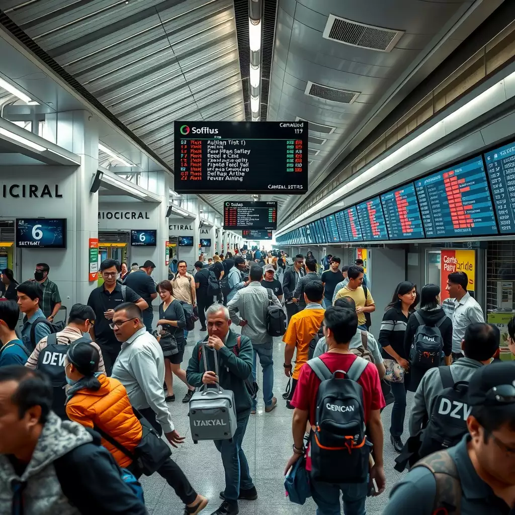 A bustling airport terminal filled with diverse travelers navigating through various gates, showcasing flight information displays and vibrant departure boards that highlight different destinations. The scene captures the excitement and energy of urban travel.