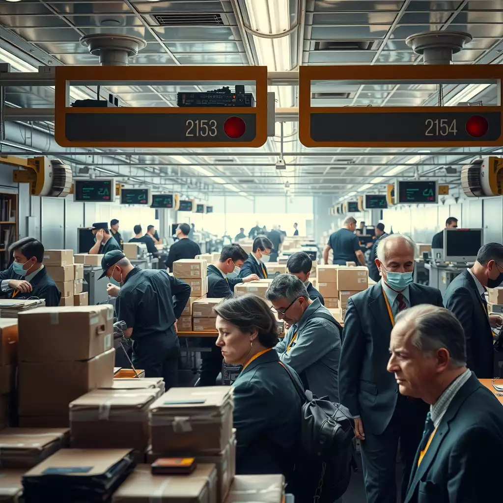 A bustling airport cargo area filled with courier packages, showcasing heightened security measures and diligent personnel at work, symbolizing resilience and transformation in air travel.