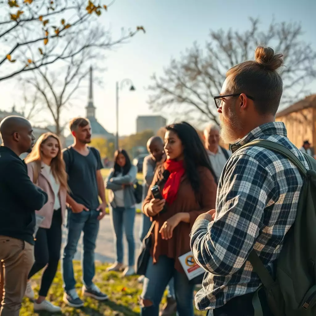 A diverse group of individuals engaged in conversation in an urban park, surrounded by personal belongings and symbols of community, conveying themes of self-awareness and personal responsibility in relation to drug awareness.