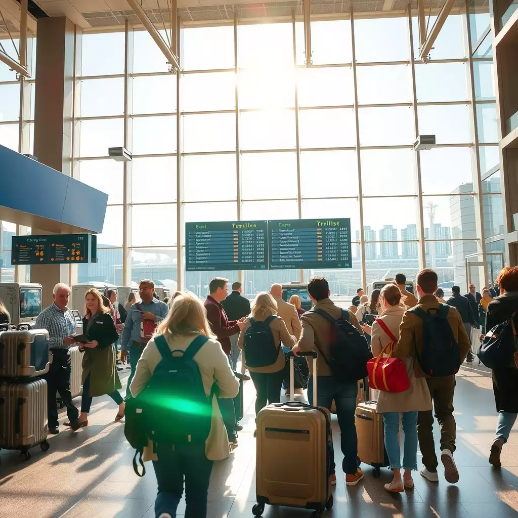 A bustling airport terminal filled with travelers checking in and handling courier packages, featuring flight boards with departure times and an atmosphere of urgency and excitement.