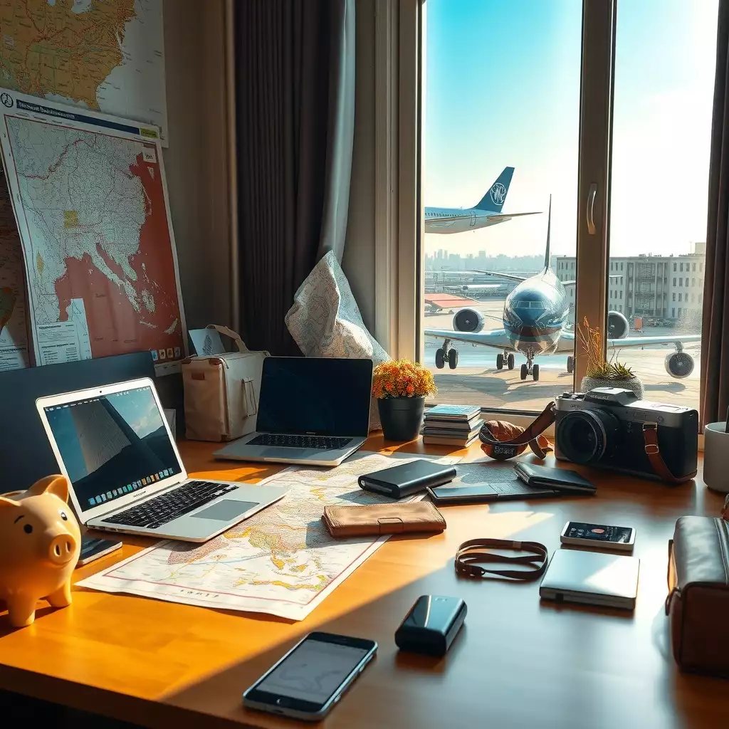 A vibrant workspace filled with travel essentials, featuring a well-organized desk with a laptop, maps, and packing materials, illuminated by soft morning light, evoking the spirit of adventure and financial freedom.
