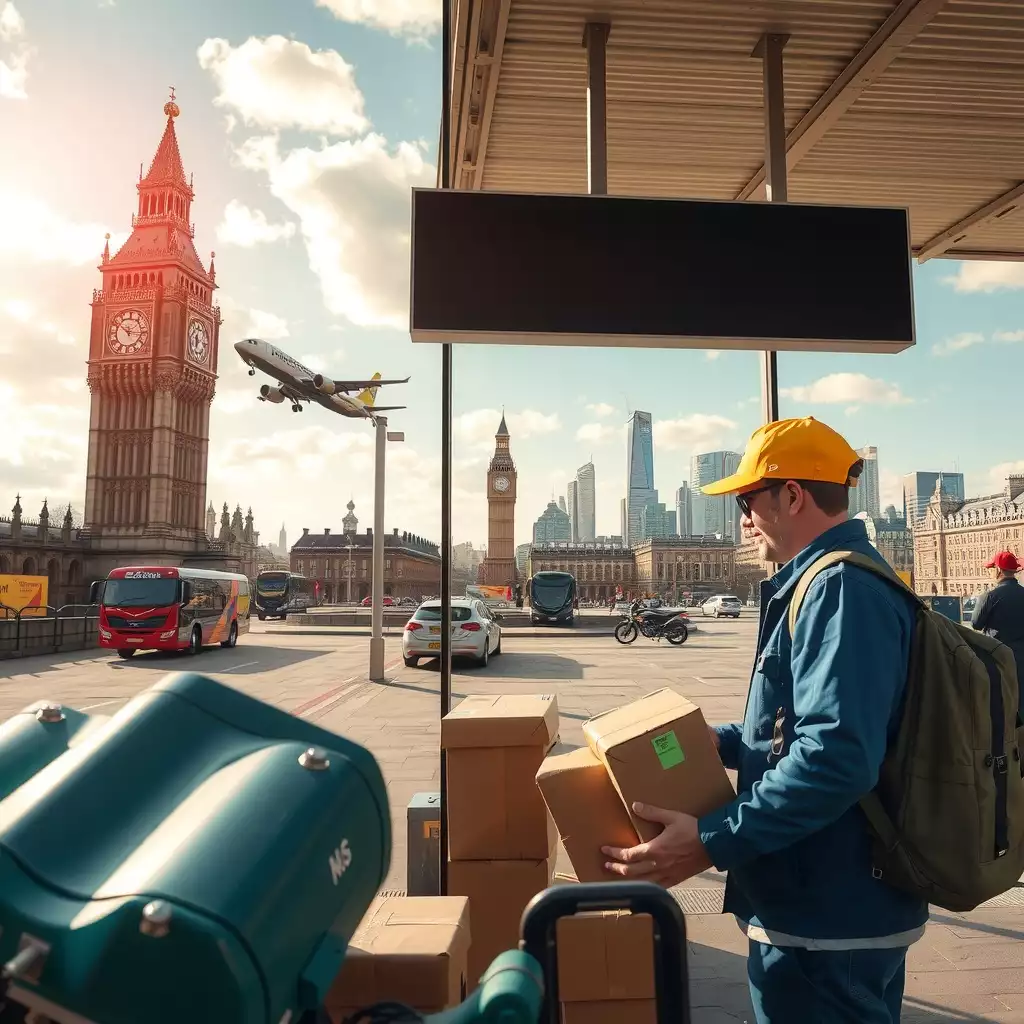 A vibrant scene depicting air travel logistics in London, featuring an airplane taking off, a courier preparing packages at an airport terminal, and the iconic skyline in the background.