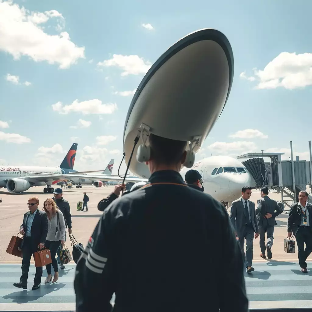 A bustling airport scene showcasing air couriers in action, with cargo planes on the runway and dynamic movement throughout the terminal, capturing the excitement of the air courier profession.