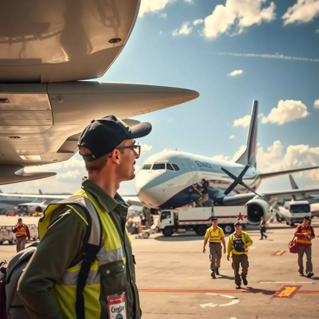 Dynamic airport scene showcasing air couriers in action, with cargo being loaded onto planes and airplanes taking off in the background, capturing the energy and excitement of the air courier profession.
