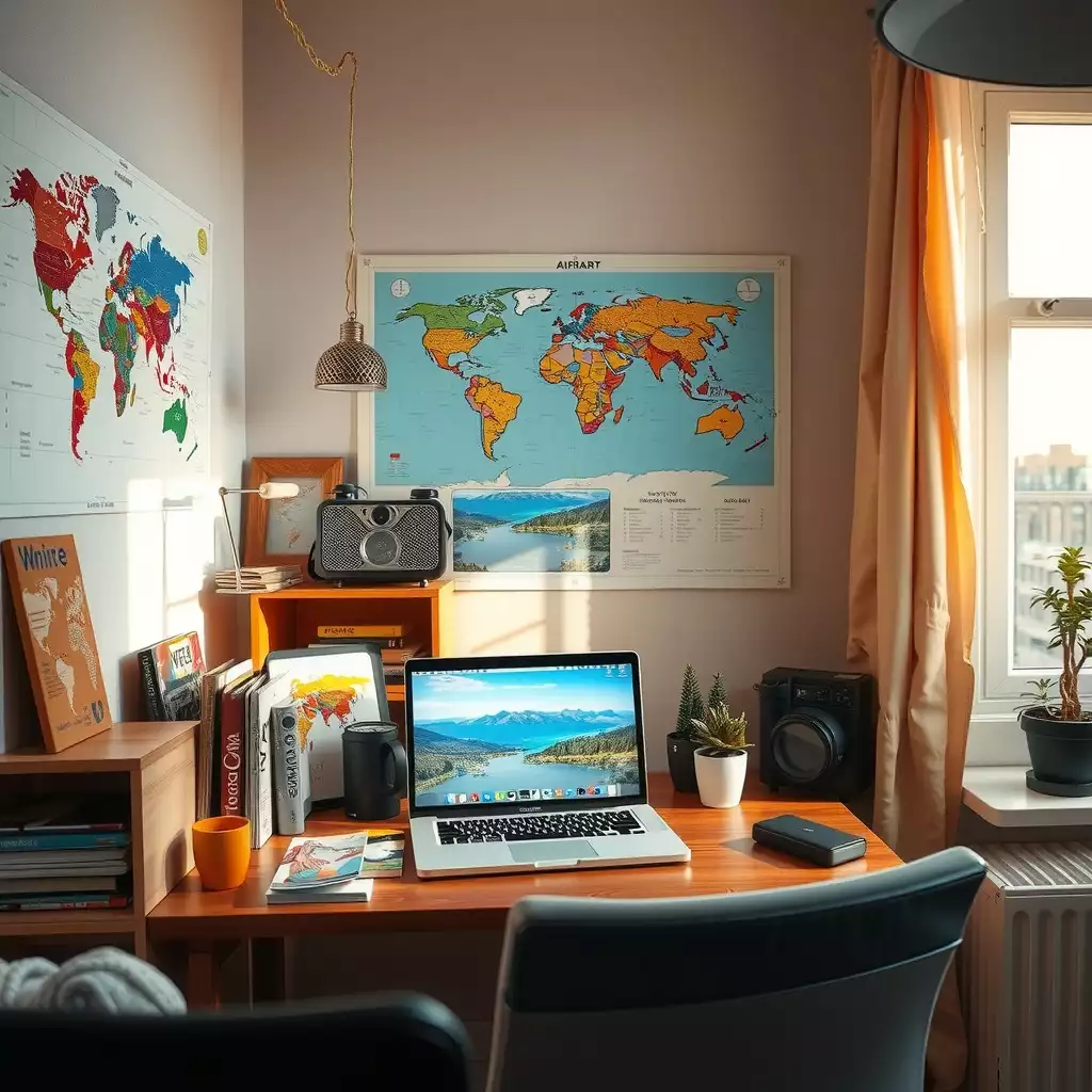 A vibrant digital workspace filled with travel maps, guides, and a laptop displaying flight deals, creating an inspiring atmosphere for planning adventures.