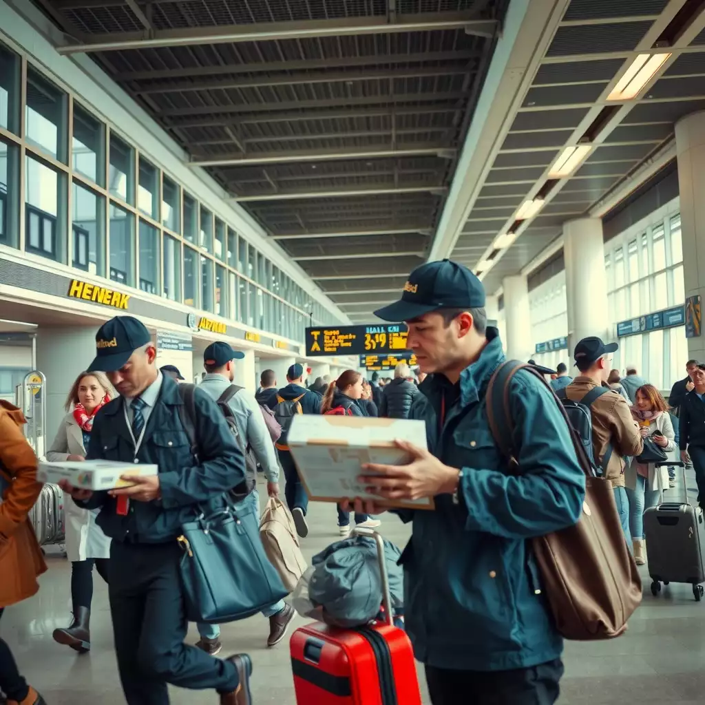 A busy international airport scene featuring couriers in action, handling packages and navigating terminals, showcasing teamwork and the diverse cultural backdrop of global travelers.