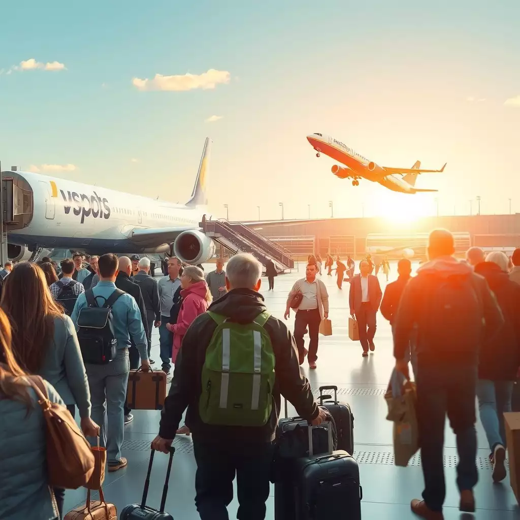 A busy airport scene showcasing air couriers preparing shipments, travelers moving through the terminal, and planes taking off, capturing the energy of modern travel.
