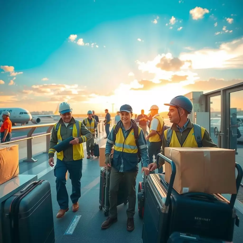 Air couriers actively working at a busy airport, loading and unloading packages, interacting with security personnel, and navigating the terminal, showcasing a blend of adventure and professionalism in logistics.
