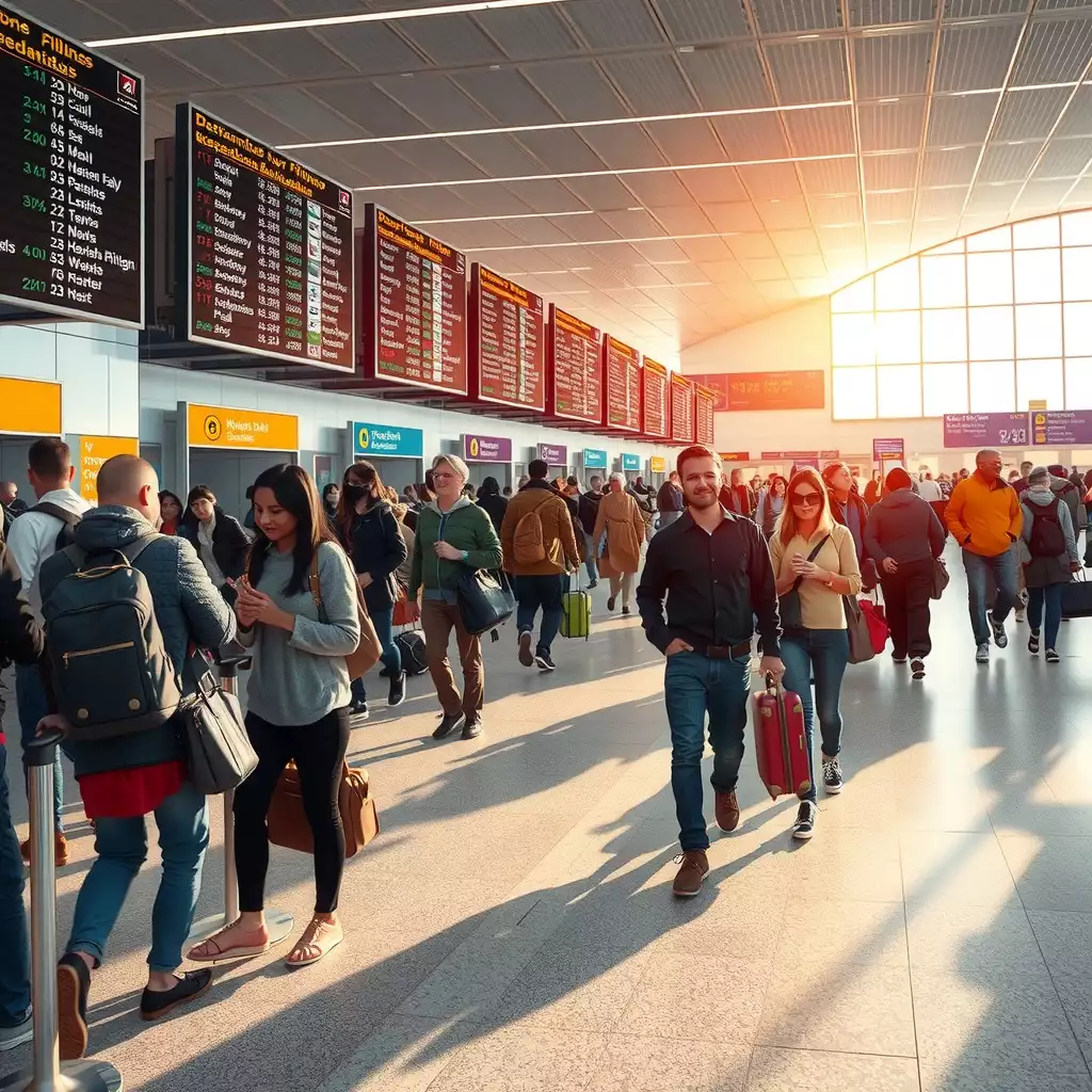 A bustling airport scene filled with diverse travelers checking in and boarding flights, showcasing vibrant colors, departure boards, and a sense of urgency and adventure.