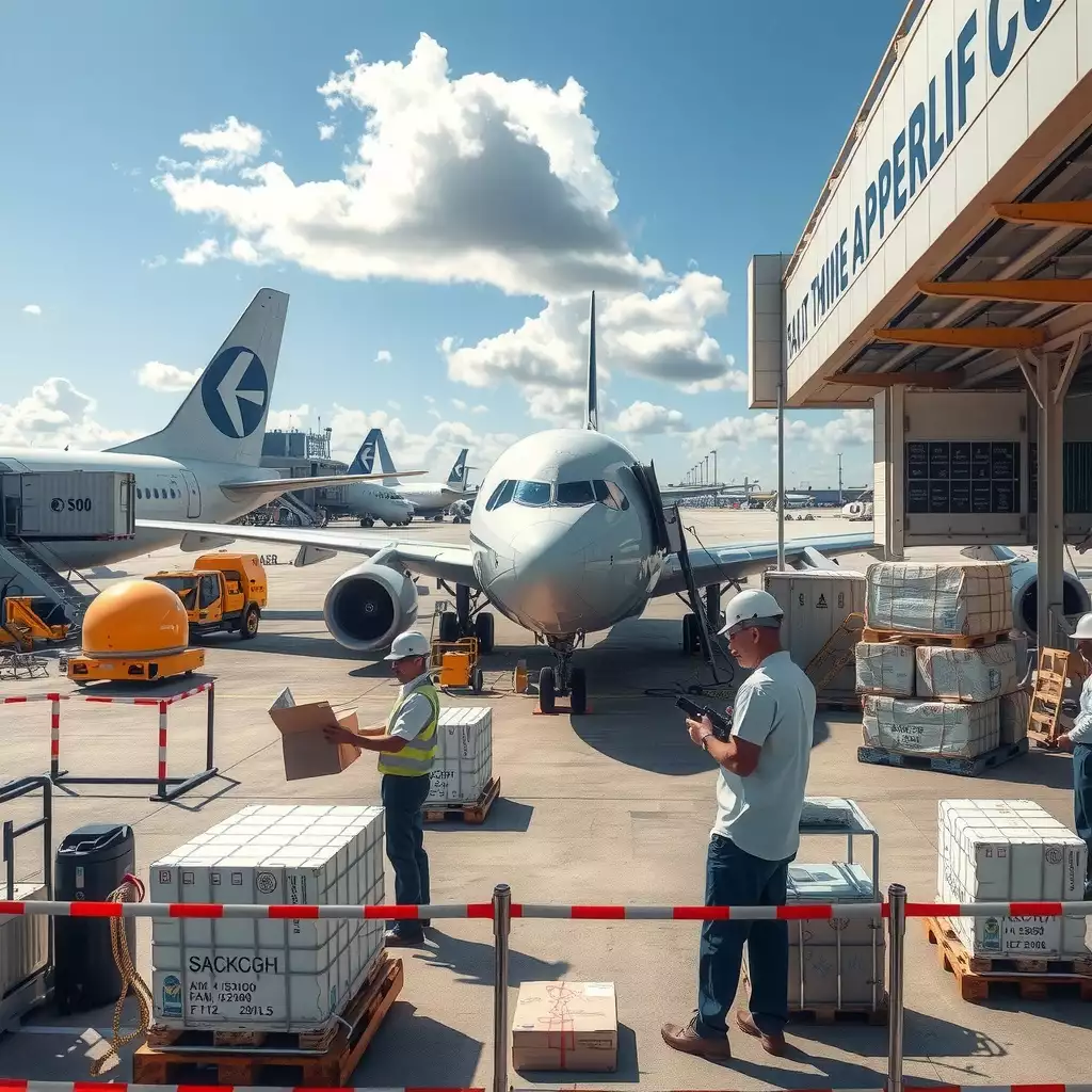 A bustling air cargo facility with cargo planes, customs officers inspecting packages, and workers actively engaged in logistics operations.
