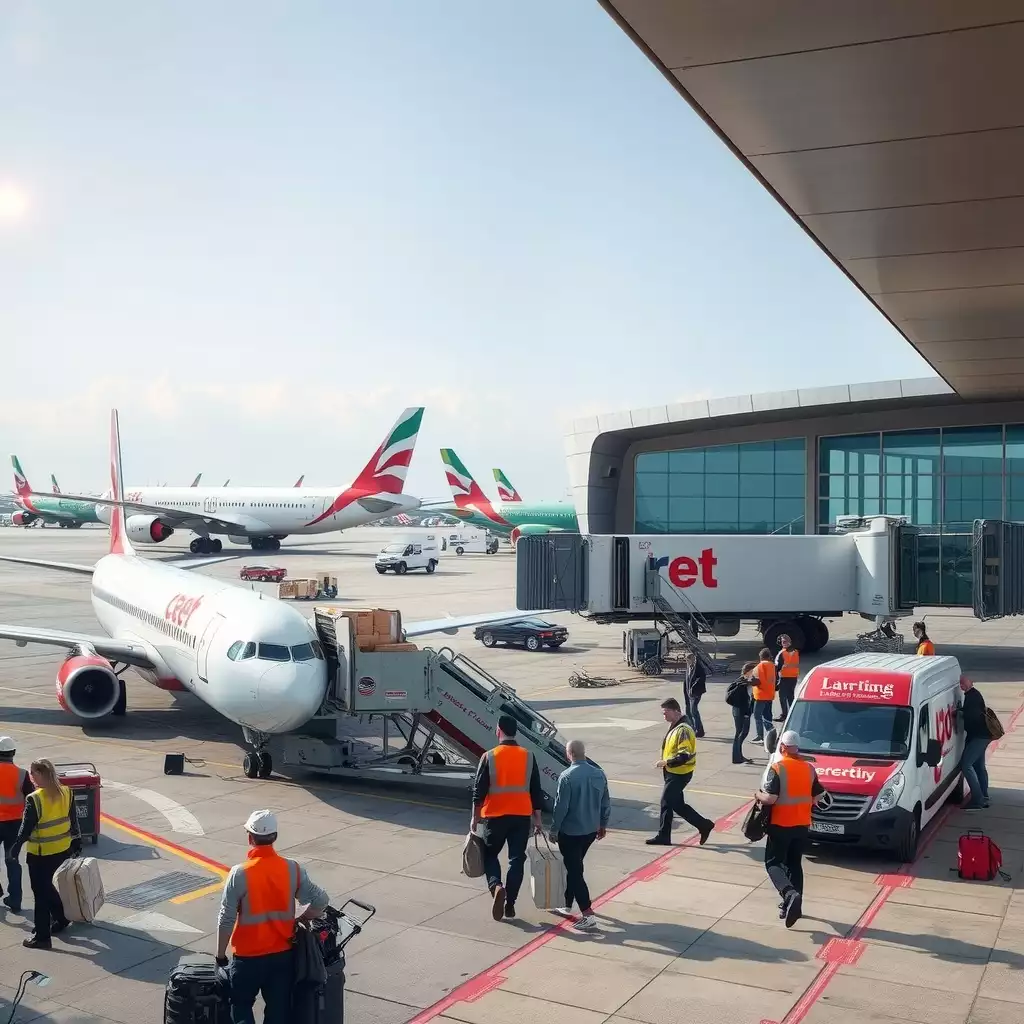A busy UK airport scene featuring cargo planes on the tarmac, couriers loading and unloading packages, and travelers moving through the terminal, all captured in vibrant detail.