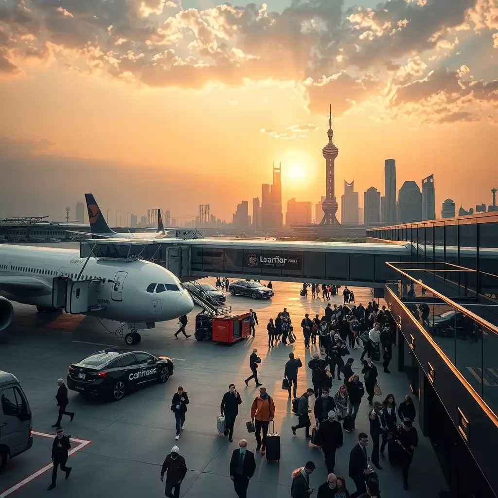 A vibrant scene at LAX airport during sunrise, featuring bustling travelers, sleek aircraft, and elements representing both Los Angeles and Shanghai, capturing the excitement of air courier life.
