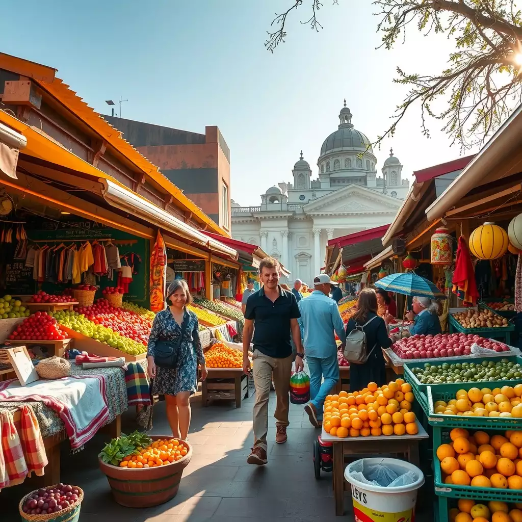 Vibrant market scene showcasing travelers engaging with locals, sampling street food, and exploring affordable accommodations, all while surrounded by colorful produce and handcrafted goods.