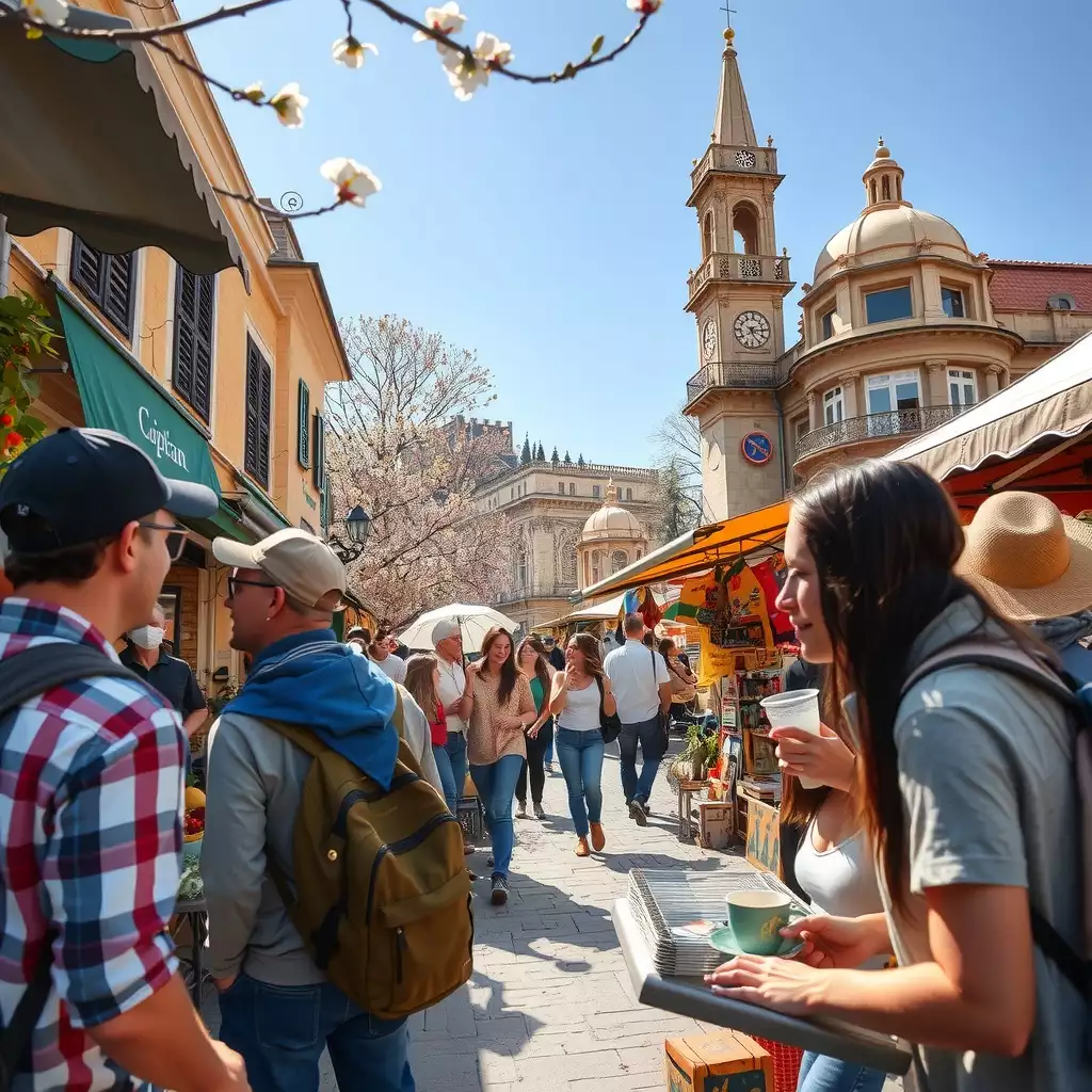 A vibrant outdoor market scene featuring travelers enjoying local street food and exploring affordable attractions, with colorful stalls and historic landmarks in the background.