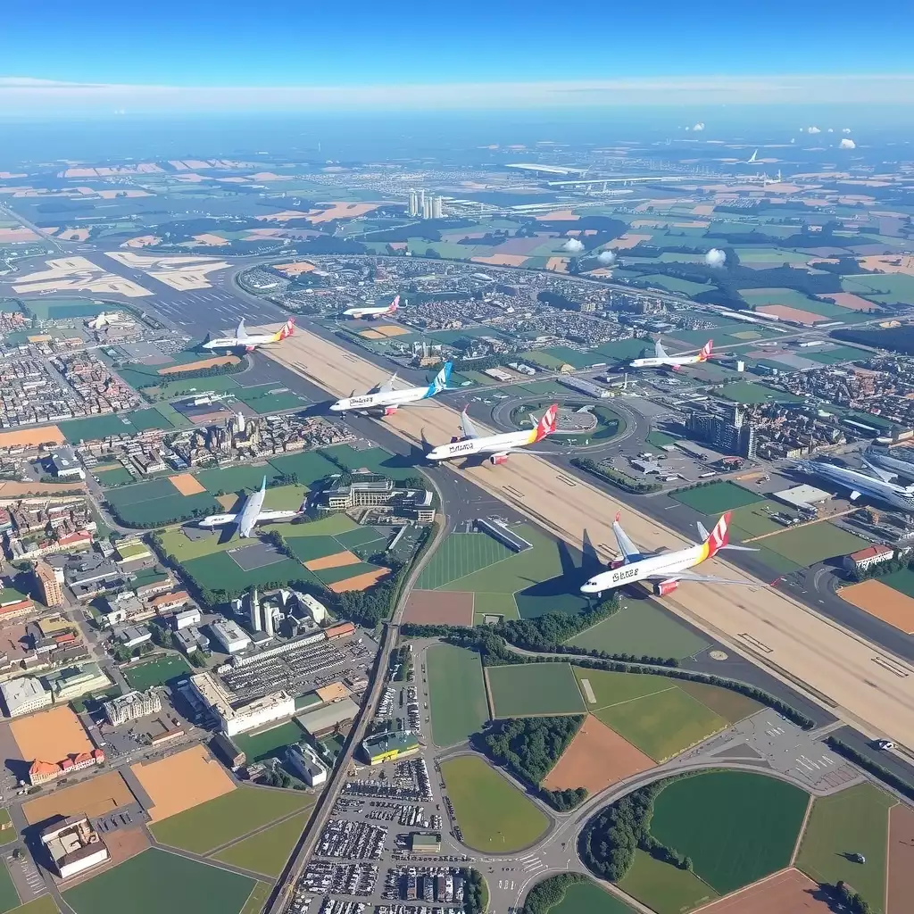 Aerial view of a busy UK air courier route, featuring iconic landmarks, bustling airports, and scenic countryside, highlighting the efficiency and excitement of air logistics.