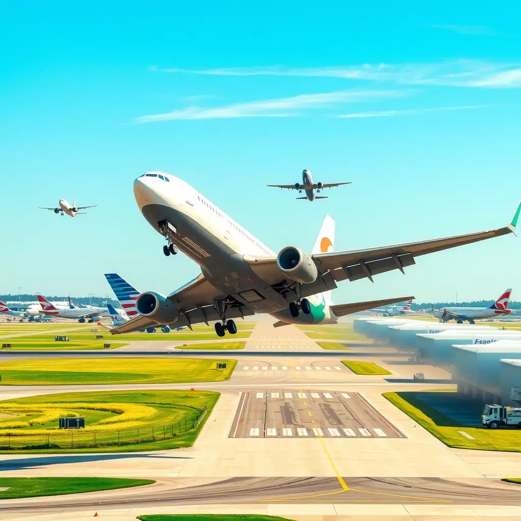 A vibrant scene of busy air courier operations at an iconic airport, showcasing planes taking off against a clear blue sky, with diverse landscapes visible from above and the energy of logistics in motion.