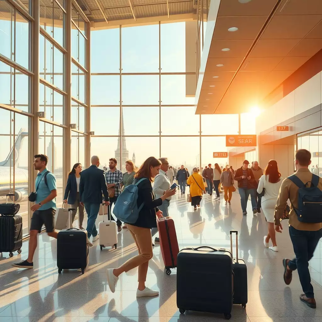A busy airport terminal filled with travelers, showcasing courier bags being checked in, diverse individuals in motion, and iconic landmarks visible through large windows, capturing the vibrant atmosphere of air travel.