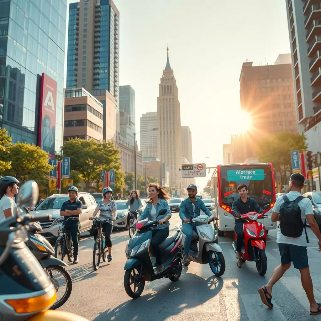 A vibrant urban scene showcasing diverse affordable transportation options, including bicycles and scooters, with travelers interacting with locals near iconic city landmarks.